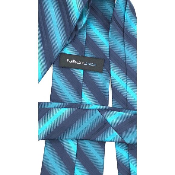 Van Heusen Studio Men's Silk Tie Blue & Teal Striped Pattern - Picture 4 of 4